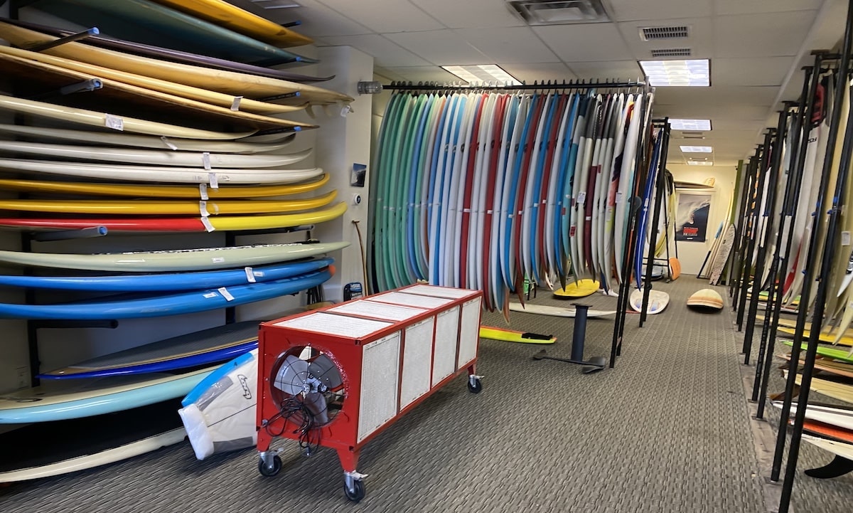 Safe Air Machine air cleaner inside surfboard store